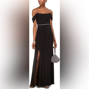 Adrianna Papell Black Pleated Off the Shoulder Column Gown - size 16